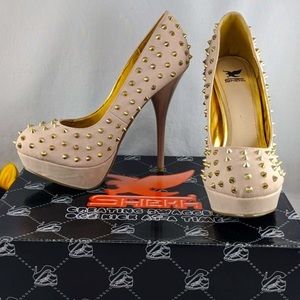 NWT SHIEKN Womens Flora Faux Suede Spiked Platform Stiletto Heels in Blush 6.5